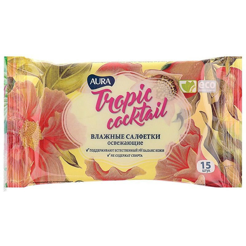 Салфетки влажные Aura 15шт."Tropic cocktail", универс. Салфетки влажные Aura 15шт."Tropic cocktail", универс.