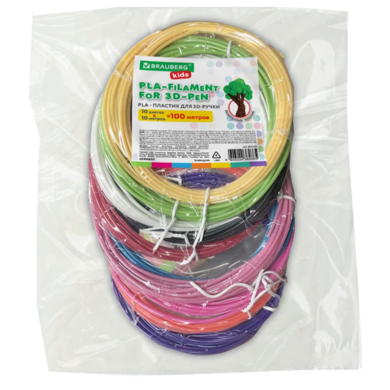 PLA-пластик BRAUBERG KIDS для 3D-ручки, 100 м (10 цветов х 10 м)