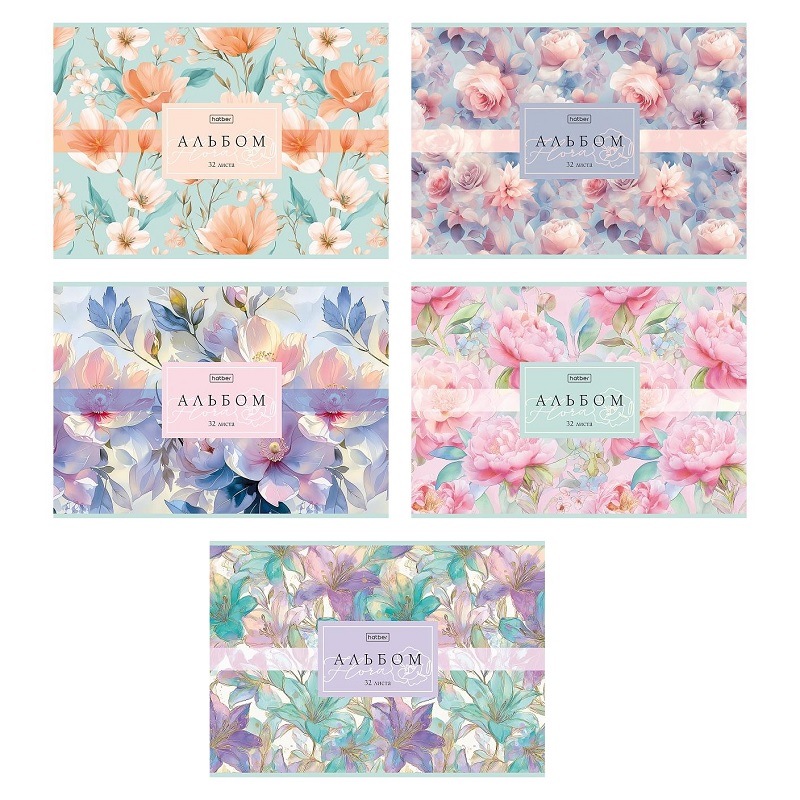 Альбом д/рисования  А4 32л. скрепка "Хатбер" Флора, ламин.Soft-touch, 5 дизайнов