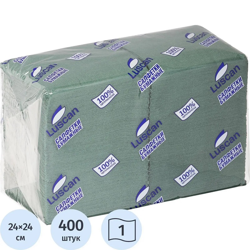 Салфетки 1 сл.(упак 400шт.) Luscan, 24см*24см, зеленые./10