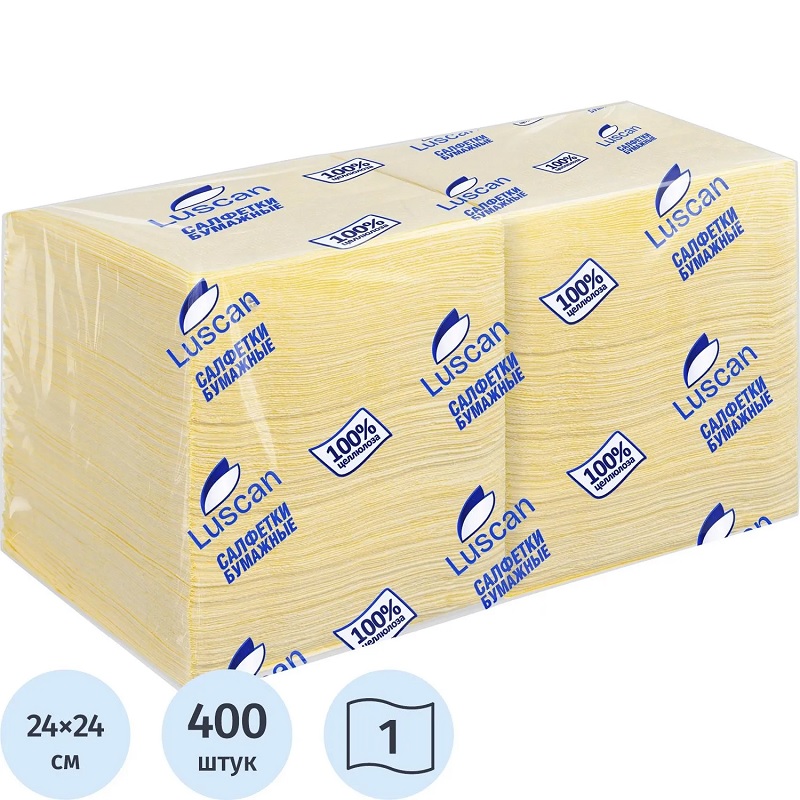 Салфетки 1 сл.(упак 400шт.) Luscan, 24см*24см, паст.желт./10
