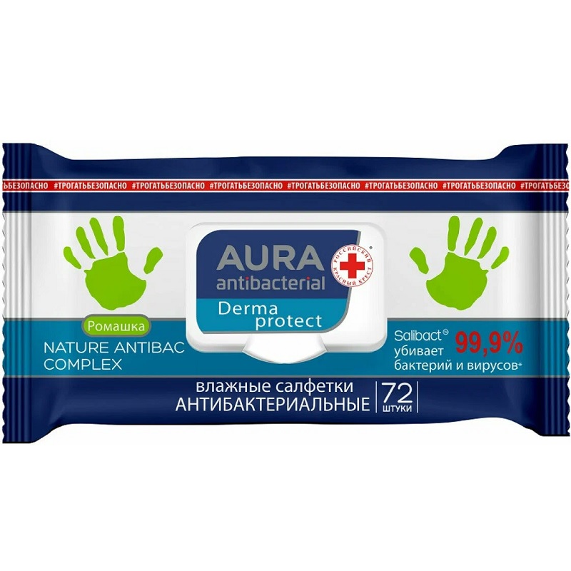 Салфетки влажные Aura 72 шт.д/всей семьи, Антибакт., крышка