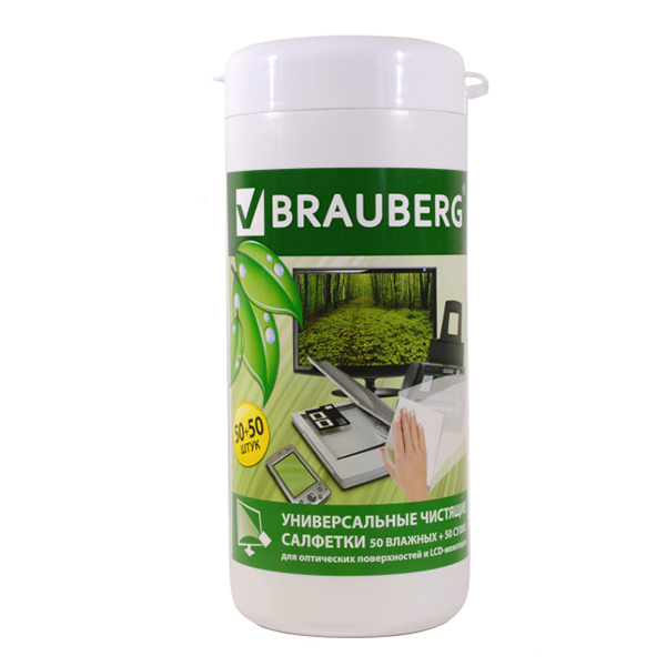 *Салфетки чистящие для LCD сух+влаж,50+50,Brauberg,в тубе