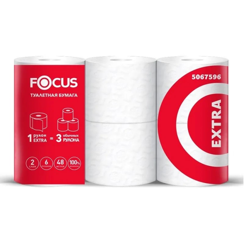 Бумага туалетная Focus Extra 2сл, 100% цел, 48м, 6рул /6