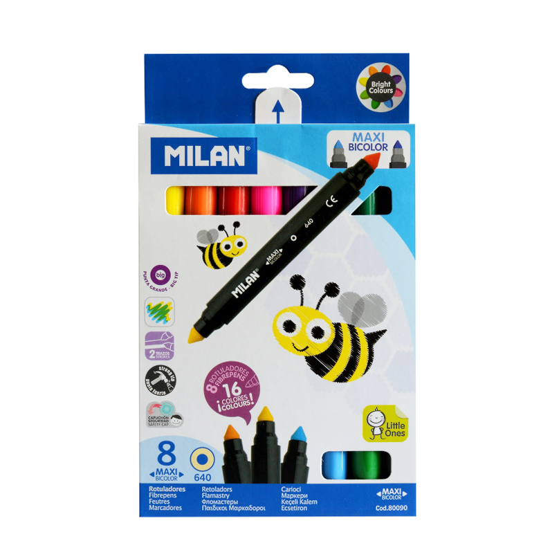Фломастеры "Milan" Maxi Bi-Colour, 8 штук, 16 цветов, двусторонние — Абсолют