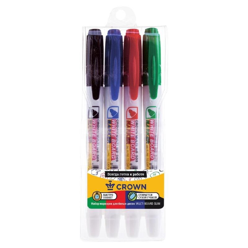 Маркер д/доски 4 цв.(НАБОР) Crown "Multi Marker Slim", 2мм/12