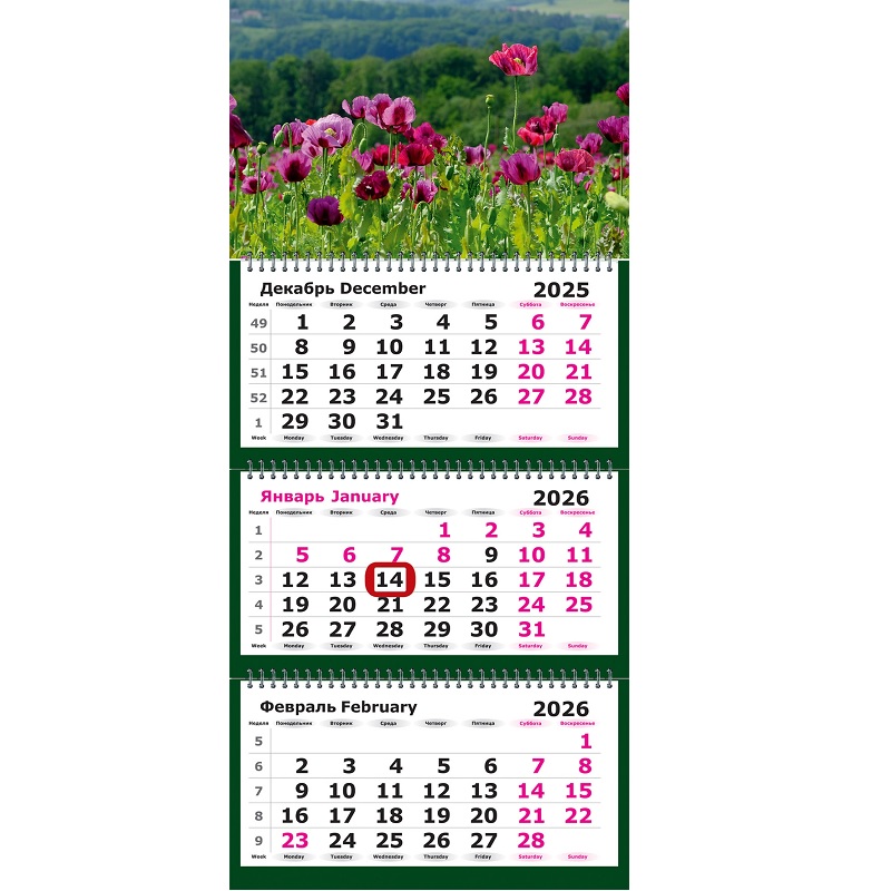 2026/Календарь кварт. 3бл.,спир.3, "Пейзаж. Маковое Поле", магнит.курсор