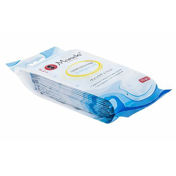 Салфетки влажные Maneki  в индивид.упаковке, 15шт./уп., очищающие, антибактериальн.