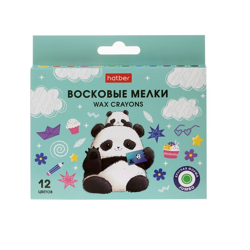 Мелки восковые  12 цв. "Хатбер"Плюшевые панды", кругл.корпус, 11мм, карт.кор.