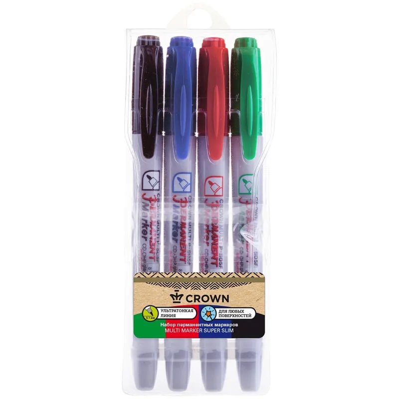 НАБОР Маркеров перм. 04цв. 1,0мм Crown "Multi Marker Super Slim"/12