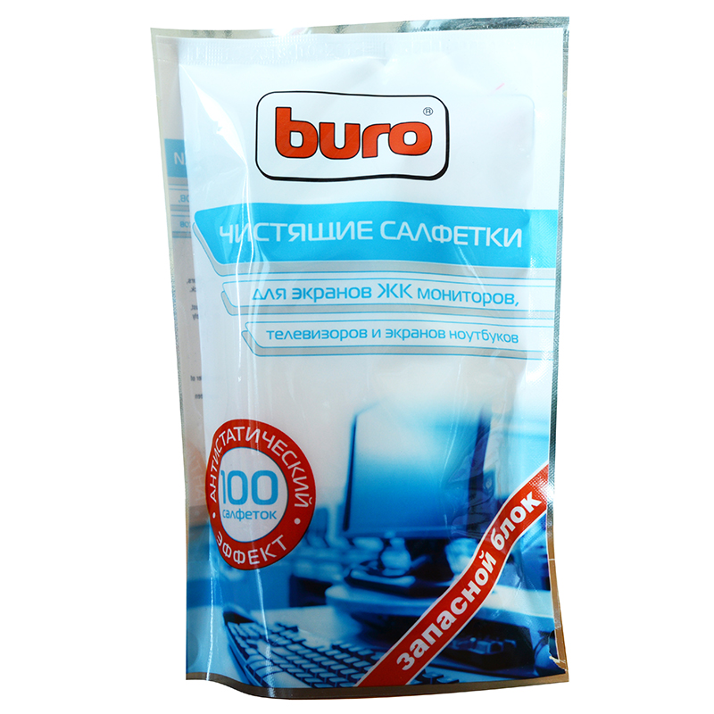 Салфетки влажные мягкая упаковка "BURO" для экранов LCD и TFT (100 шт) — Абсолют