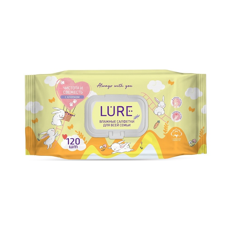 Салфетки влажные LURE 120 шт.д/всей семьи, крышка