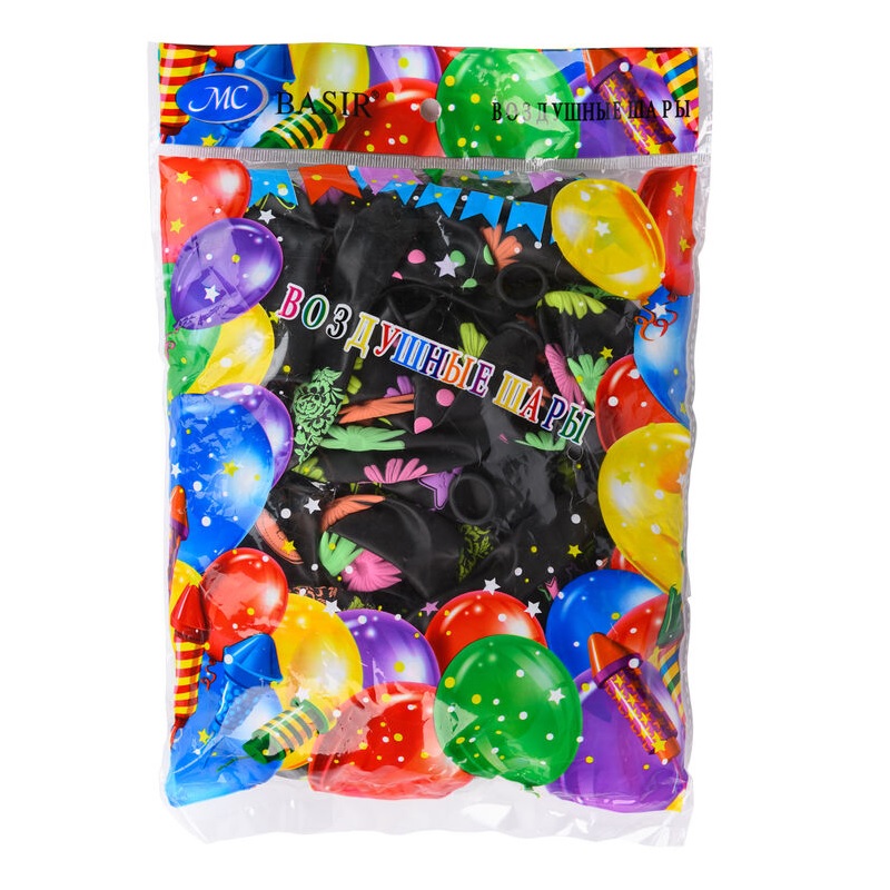 Шар надувной BASIR 12"(30см), 50/уп, черные с цвет. неоновым рисунком, ассорти