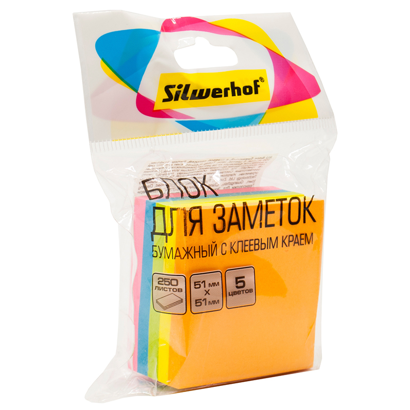 Клейкий блок 51х51мм 5 цв. 250л, неон Silwerhof Клейкий блок 51х51мм 5 цв. 250л, неон Silwerhof