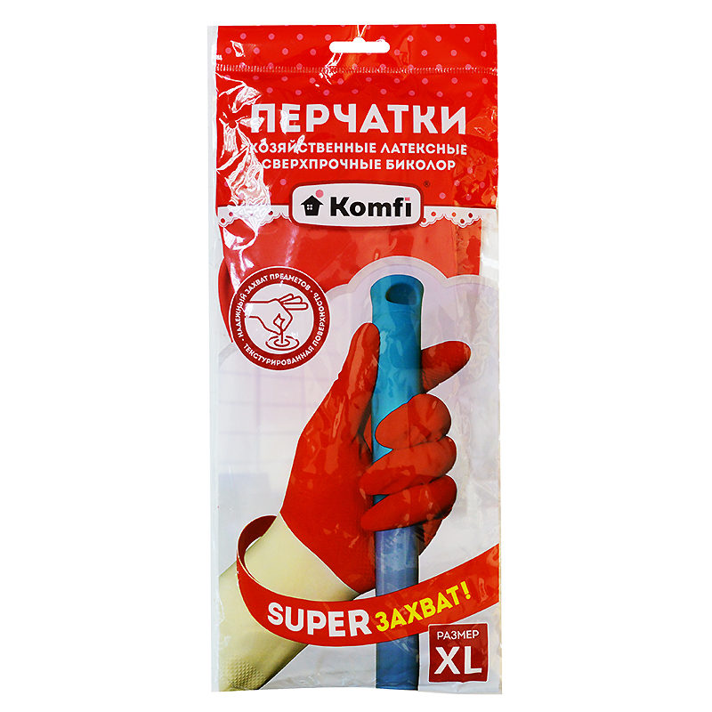 Перчатки Komfi Биколор латекс р.XL, белый+красный/12