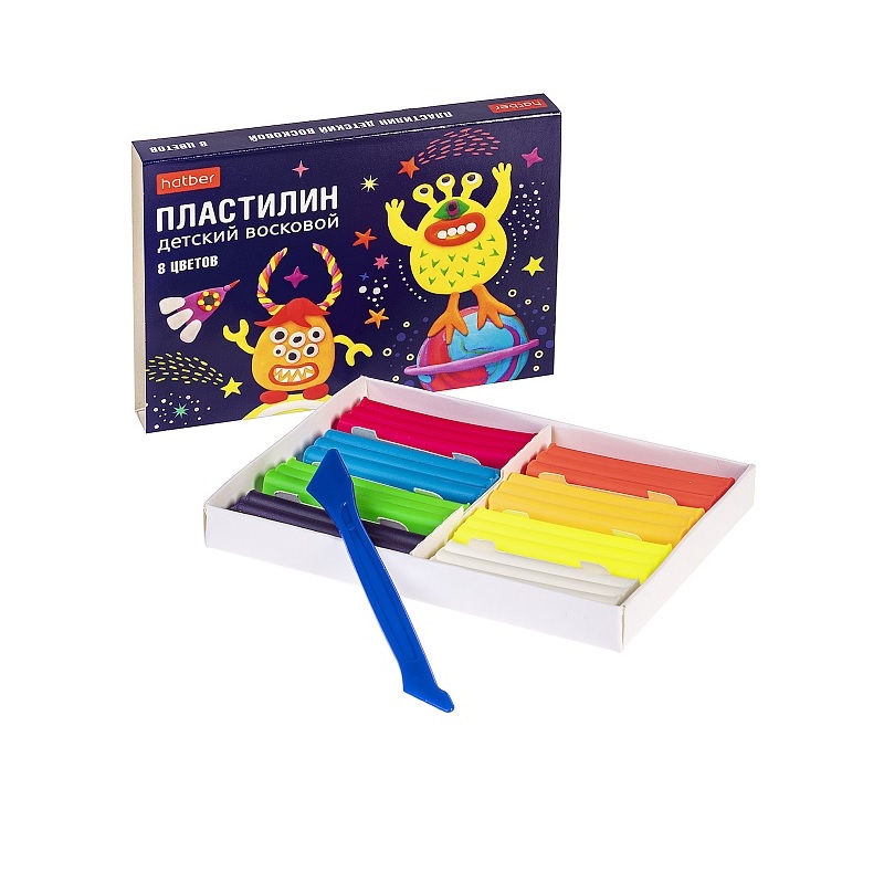 Пластилин 08 цв.    120г.  "Хатбер"Монстрики, воск, неон