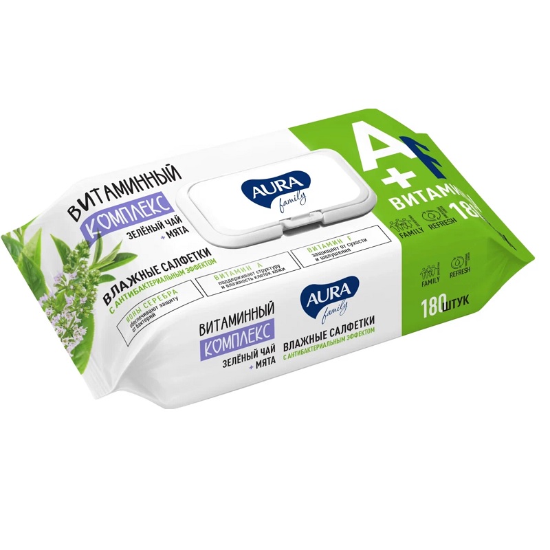 Салфетки влажные Aura 180 шт.д/всей семьи, Антибакт., крышка/12