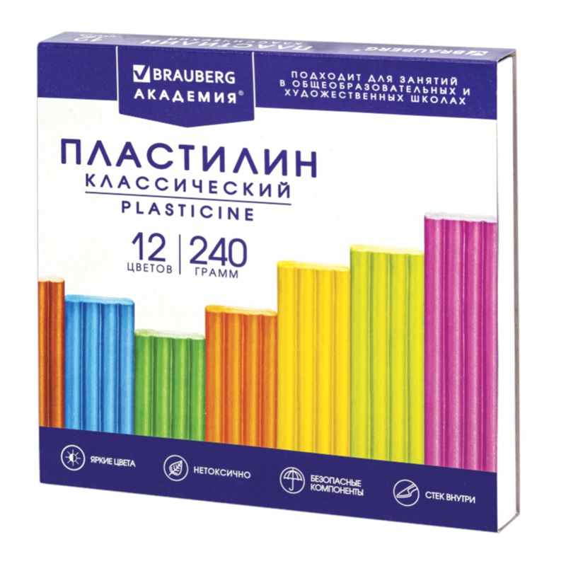 Пластилин 12 цв. 240г.  Brauberg "Академия классическая", стек, карт.уп./