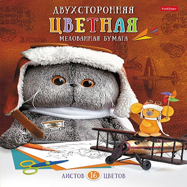 БУМАГА ЦВЕТ  А4 мелов. двухст. 16л. 16цв. "Хатбер" Кот Басик, папка — Абсолют
