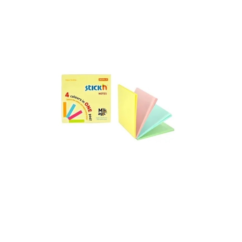Блок с кл.сл. 76х76, Stick Magic, 100л., 4 цв., пастель(склейка)