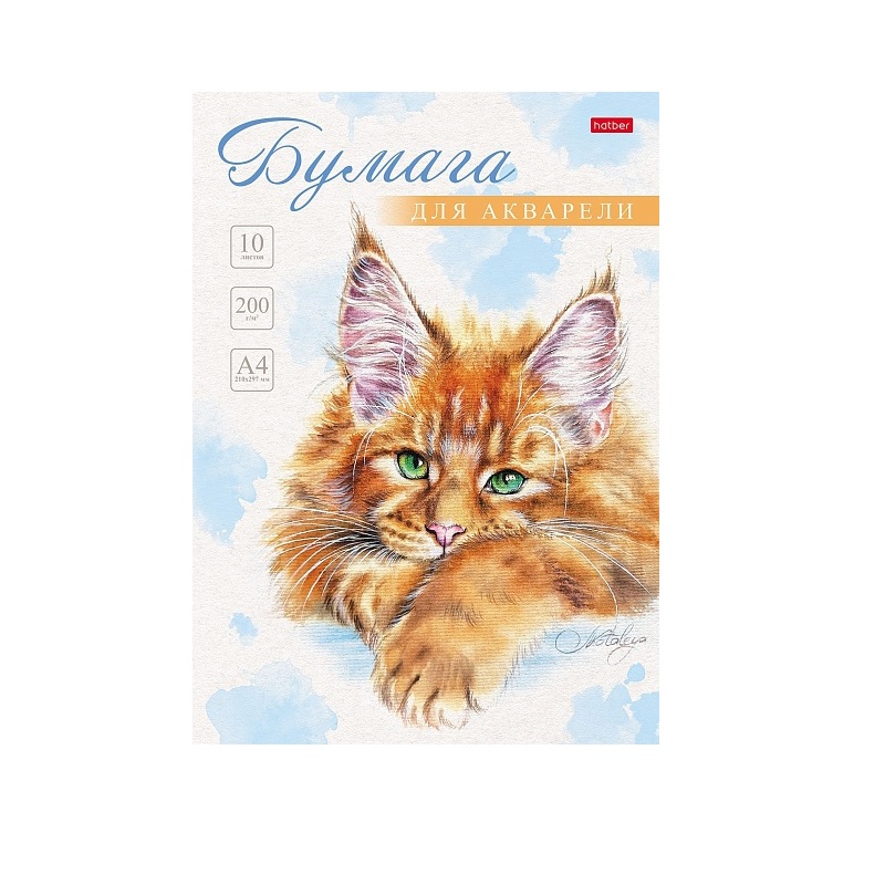 Набор бумаги д/рисования  акварелью А4 10л. в папке "Рыжий кот", 200 г/м2