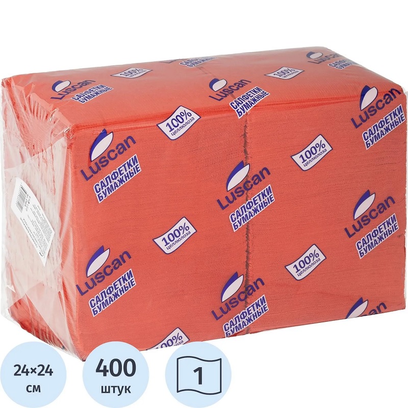 Салфетки 1 сл.(упак 400шт.) Luscan, 24см*24см, красные