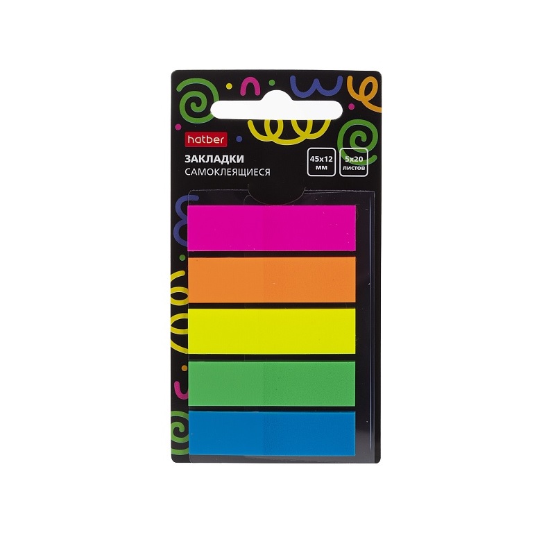 Закладки сам.пласт. Hatber (45*12-5*20л) неон, прямоугол.