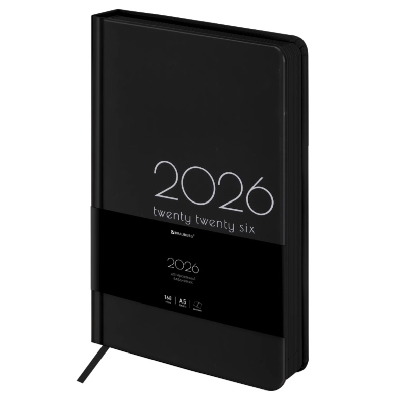2026/Ежедневник А5 BRAUBERG Vista, 138*213, под кожу, твердый, «Black coal»