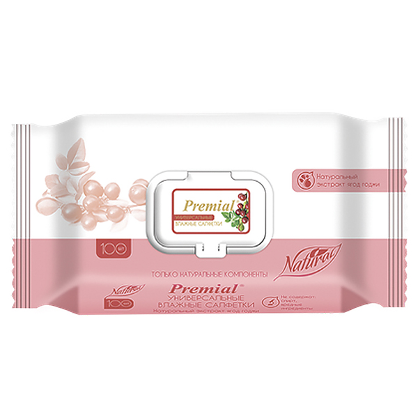 Салфетки влажные Premial natural 100 шт. , Ягоды годжи, с крышкой/6 Салфетки влажные Premial natural 100 шт. , Ягоды годжи, с крышкой/6