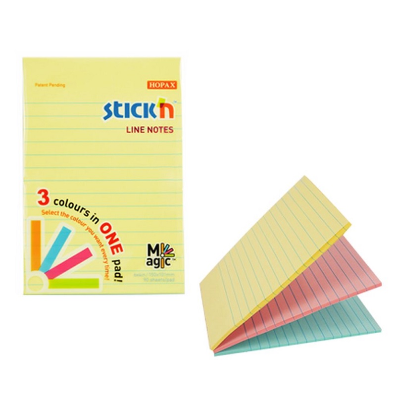 Блок с кл.сл.101*150 Stick Magic, 90л., пастель, 3 цв, в линейку