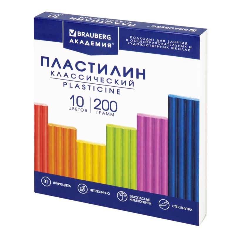 Пластилин 10 цв. 200г.  Brauberg "Академия классическая", стек, карт.уп./