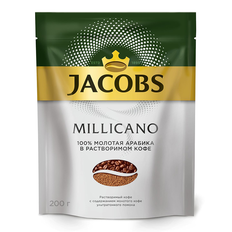 Кофе растворимый "Jacobs Millicano" 200гр., раствор.+молот. — Абсолют