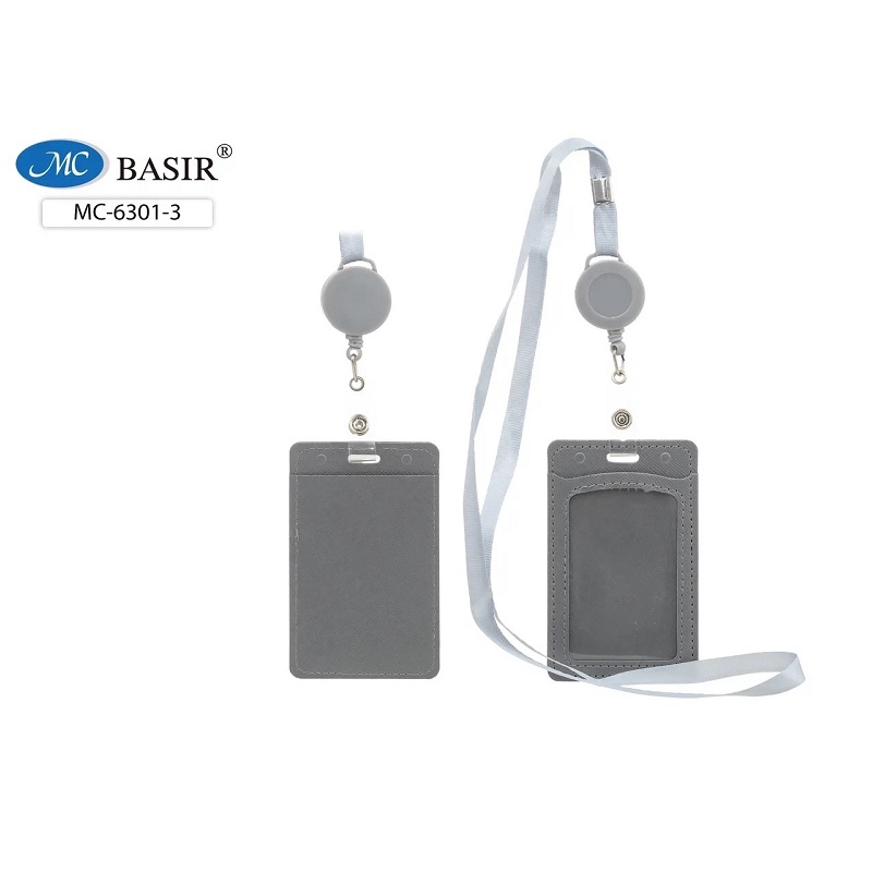 Бейдж с рулеткой+лента, кожзам.цвет. серый. "Basir"