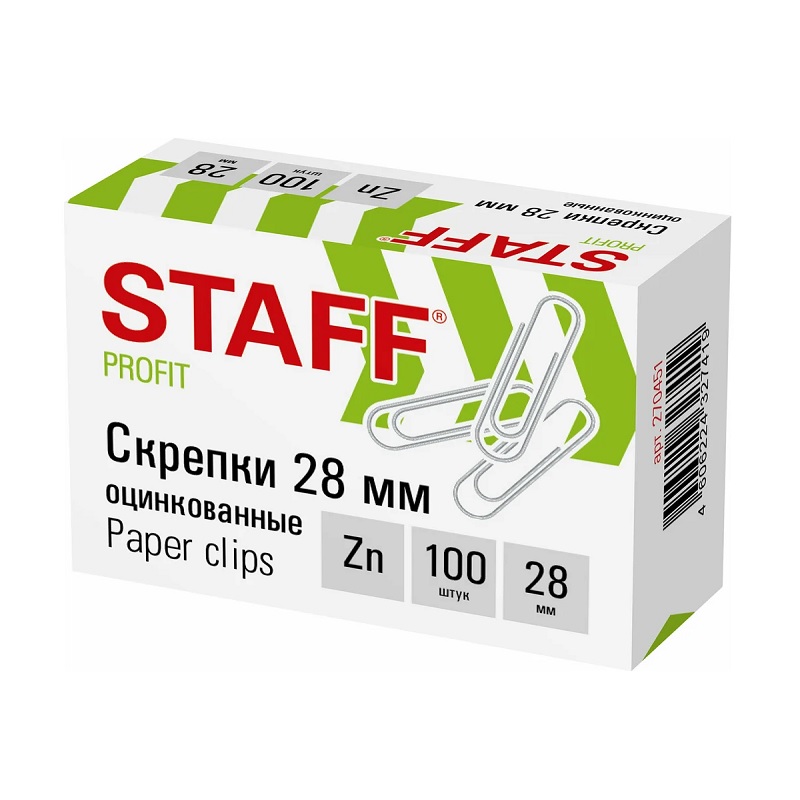 Скрепки метал. 28 мм Staff, оцинк. карт.уп. (100шт)/10