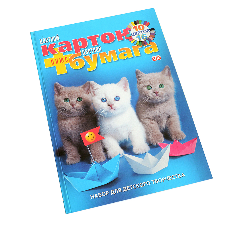 НАБОР мелов.цвет.карт.+немел.двухст.бум. А4 10цв+16цв., Котята, на клею