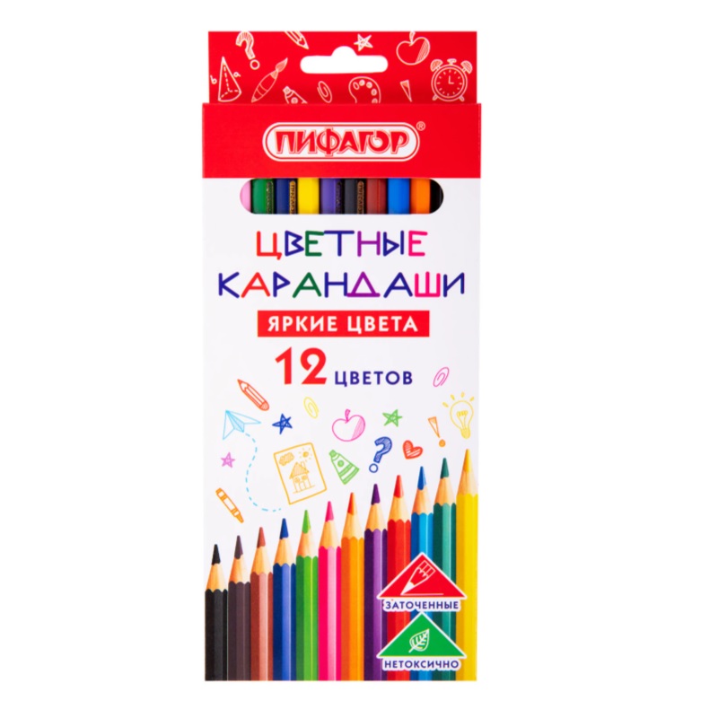 Карандаши 12 цв. Пифагор ЭКО "Стандарт", шестигран.корп., карт.уп.