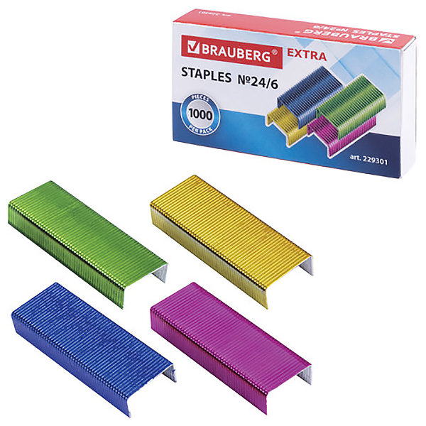 Скобы №24/6  Brauberg, 1000шт. ассорти 4цв./20