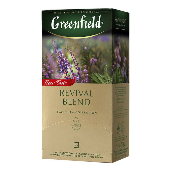 Чай  25 пак. Гринфилд Revival Blend 1,7г, черн.,эвкал.,ежев.,шалфей,гибиск.,гвозд./10